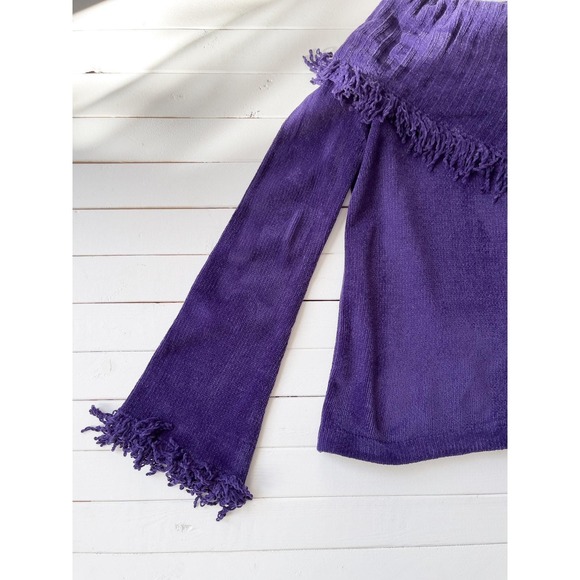 purple chenille sweater 90s y2k vintage bell sleeve shawl collar fringed sweater - Picture 3 of 4
